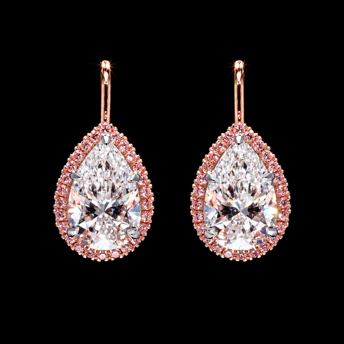 7 carat pear diamond halo drop earrings with pink diamond accents
