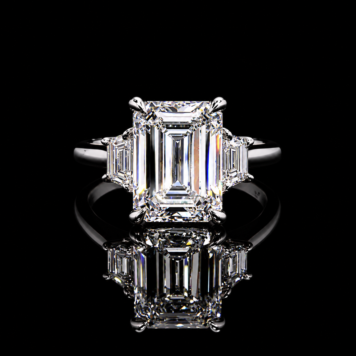 4.74 CT emerald cut three-stone diamond ring with 4.04 CT center and trapezoid side diamonds by Dan Mor Diamonds