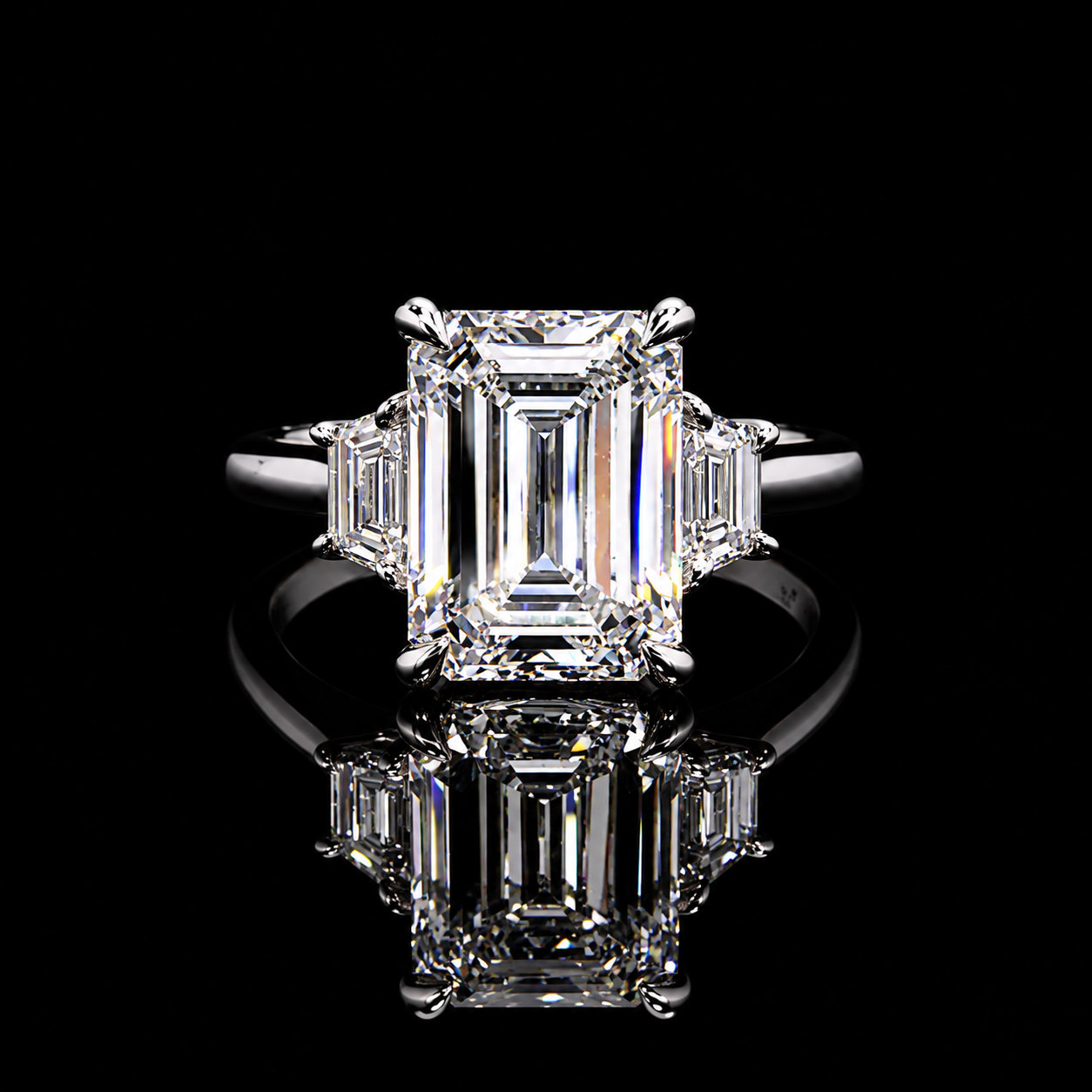 4.74 CT emerald cut three-stone diamond ring with 4.04 CT center and trapezoid side diamonds by Dan Mor Diamonds