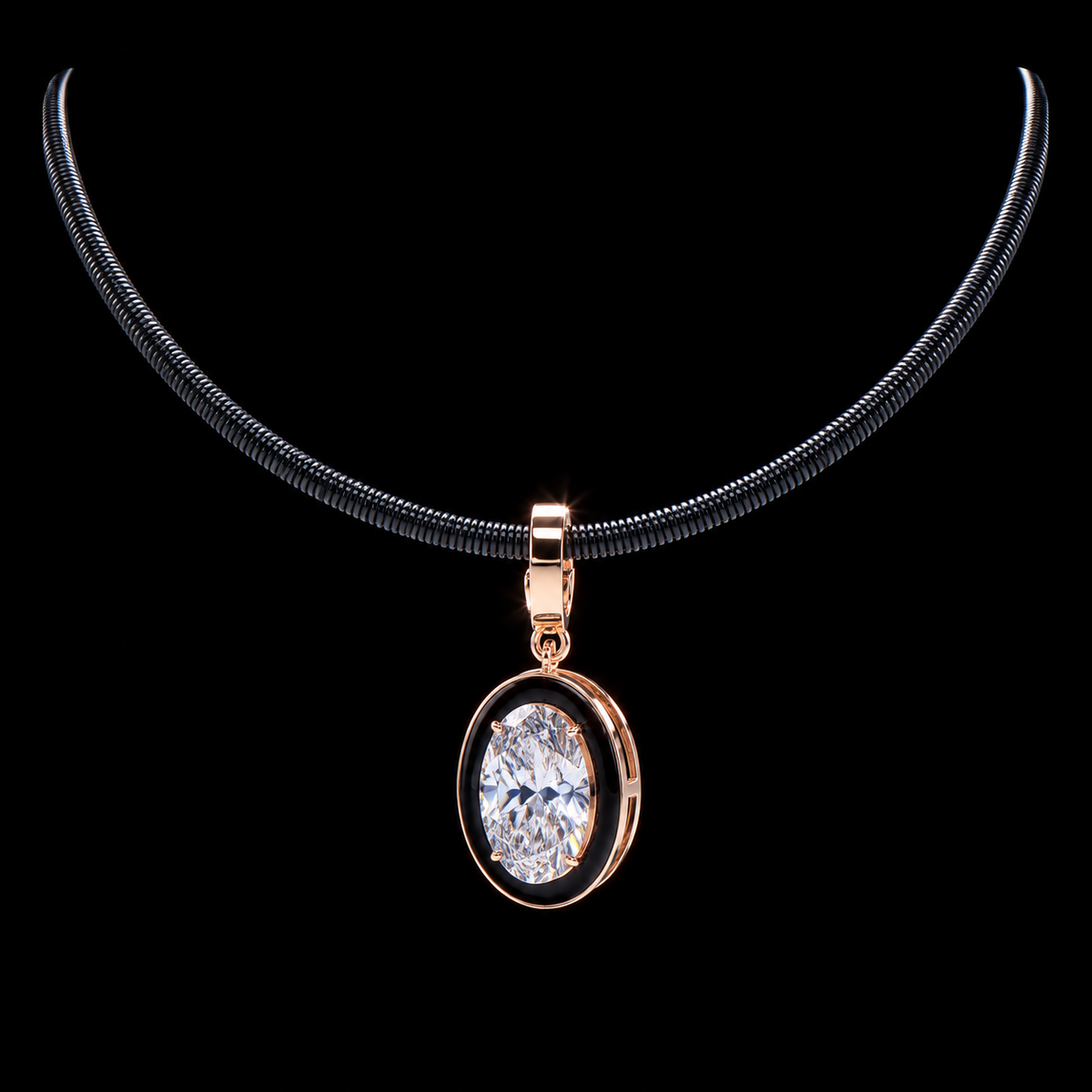 Black Cord Oval Diamond Necklace