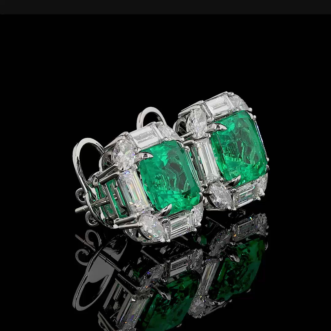 Emerald Square Cut Baguette Diamond Cluster Stud Earrings