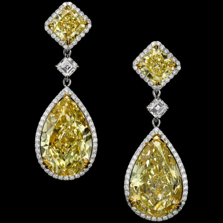 TOTAL 32 CARATS SUNLIGHT PEAR + RADIANT-CUT EARRING