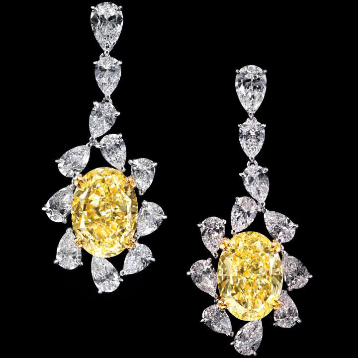 YELLOW DIAMOND FLORAL EARRING PEAR WHITE DIAMOND OD D TO F COLOR, OVAL FANCY YELLOW DIAMOND