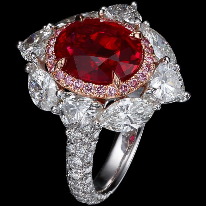 VICTORIAN RUBY & DIAMOND RING HEARTS AND MARQUISE IS OVER THREE CARAT OVAL RUBY AND PINK PAVE DIAMOND