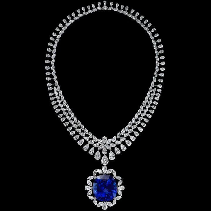 Total 124 carat royal blue cushion cut diamond necklace
