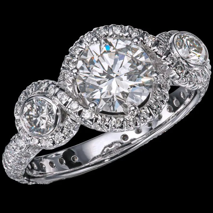 Round Brilliant Halo Three Stone Anniversary Ring