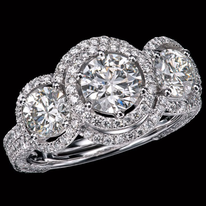 Round Brilliant Double Halo Three Stone Anniversary Ring