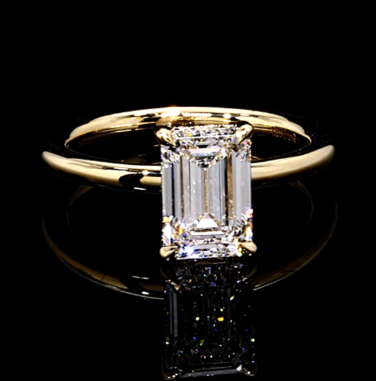 4.53 CT emerald lab-grown diamond ring with 4.44 CT E VVS2 center and hidden halo pavé by Dan Mor Diamonds