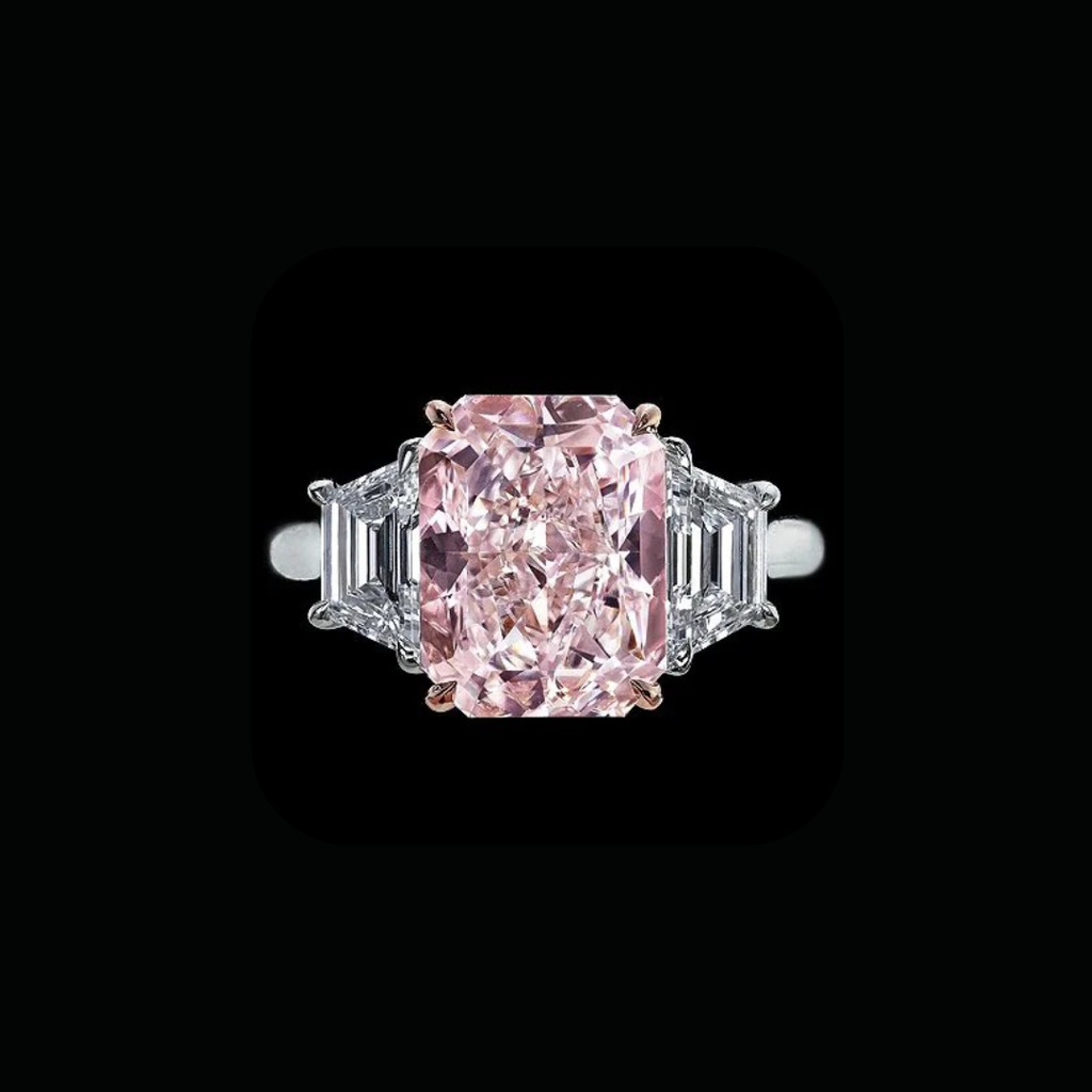 3.50 CT radiant cut fancy pink diamond ring with white side diamonds by Dan Mor Diamonds