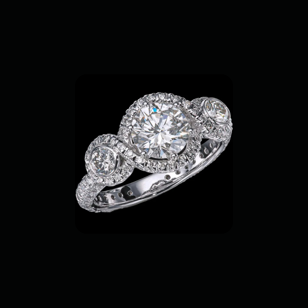 Round Brilliant Halo Three Stone Anniversary Ring