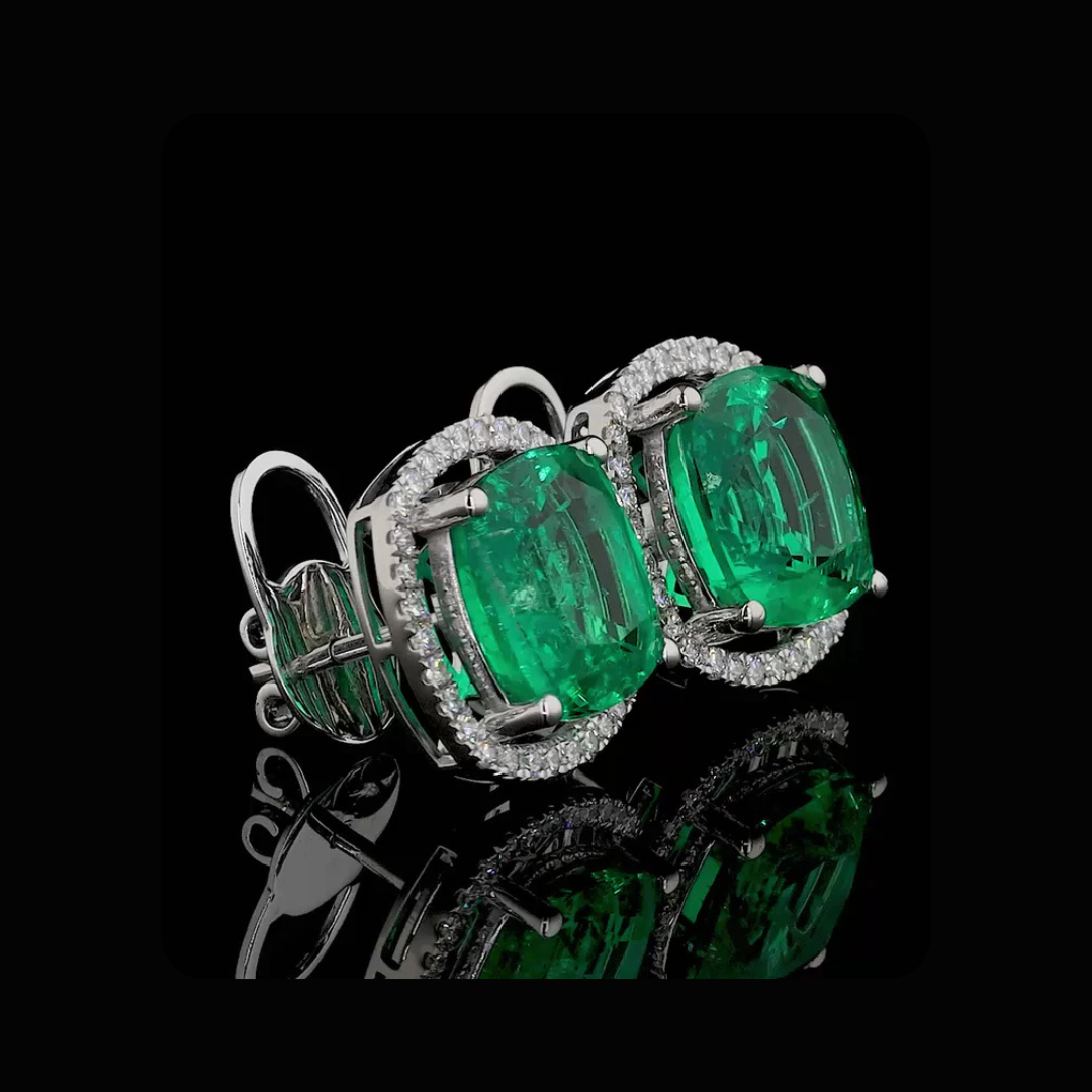 Emerald Cushion Cut Diamond Halo Stud Earrings