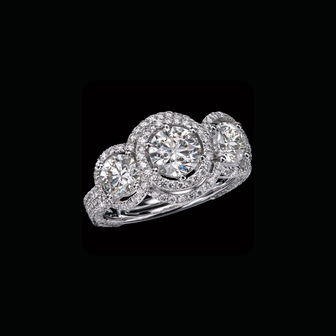Round Brilliant Double Halo Three Stone Anniversary Ring