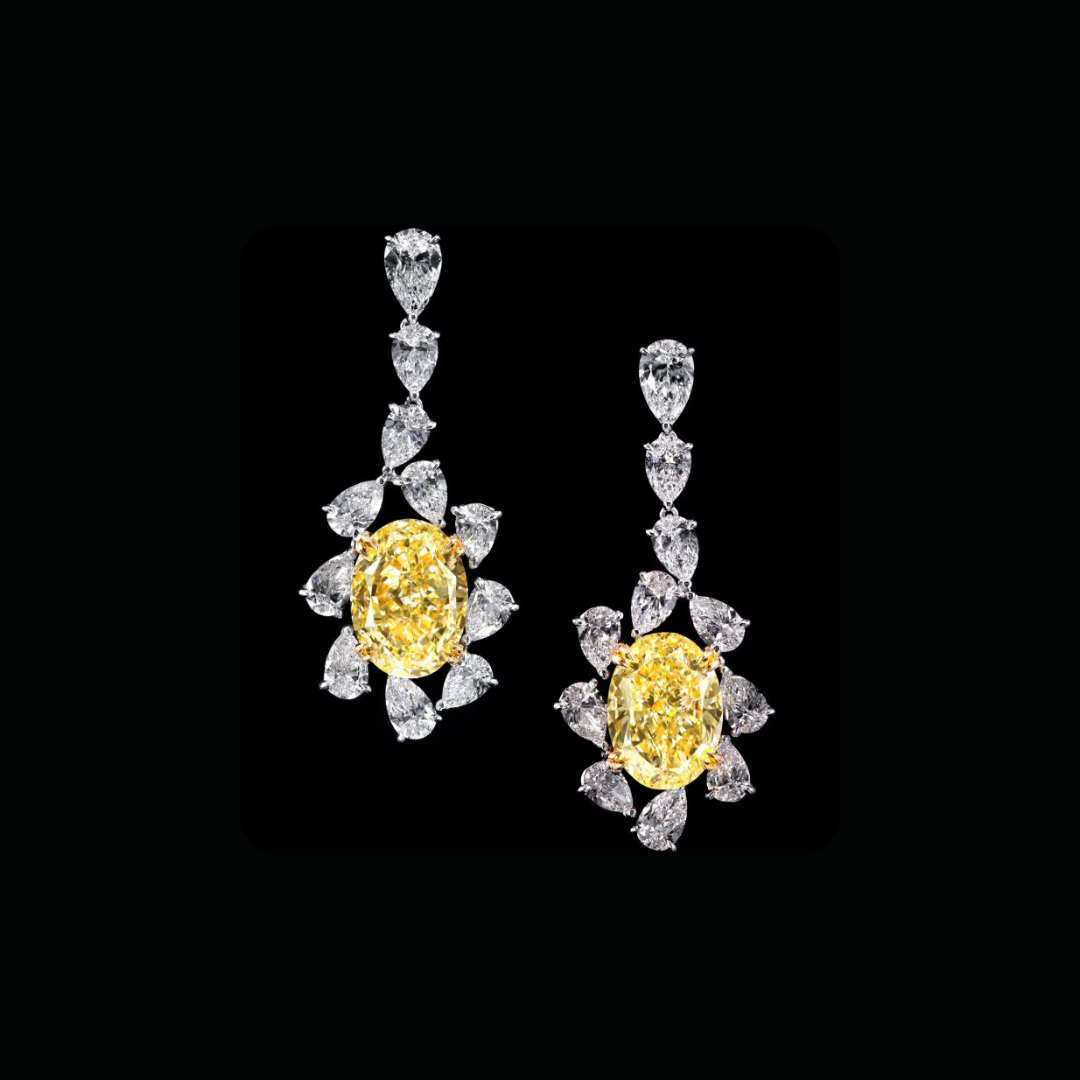 YELLOW DIAMOND FLORAL EARRING PEAR WHITE DIAMOND OD D TO F COLOR, OVAL FANCY YELLOW DIAMOND