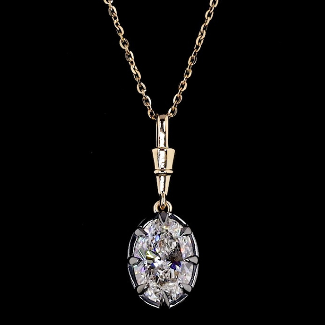 Oval Diamond Drop Pendant Necklace with Gold Bail