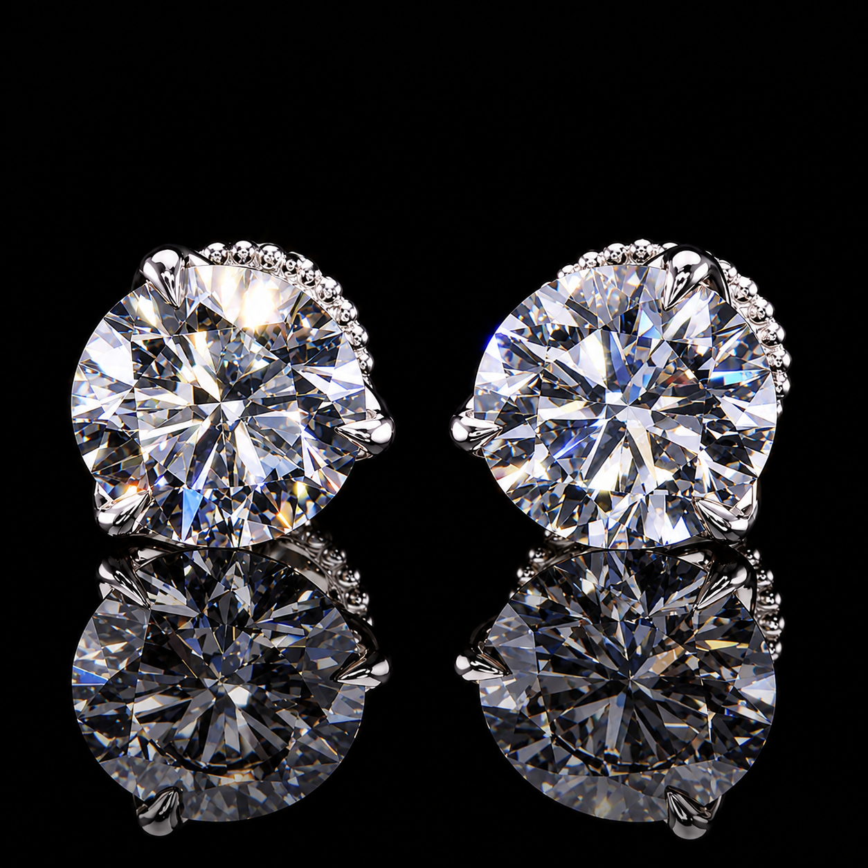 4 carat round brilliant diamond stud earrings with 2 carat diamonds in each earring