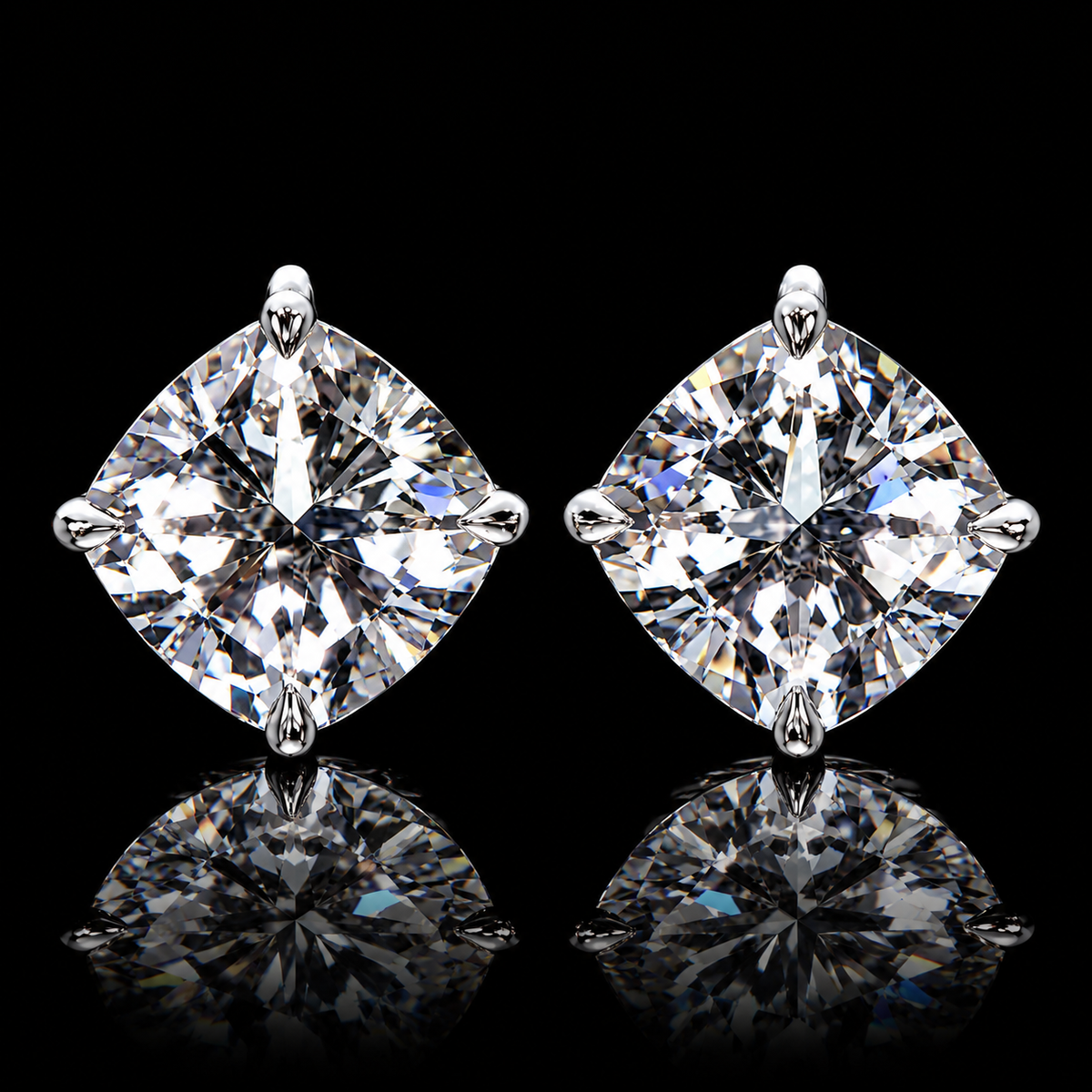 Cushion-cut diamond stud earrings featuring 2.00 carat total diamond weight with 1.00 carat in each earring