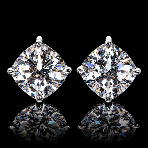 Cushion-cut diamond stud earrings featuring 2.00 carat total diamond weight with 1.00 carat in each earring