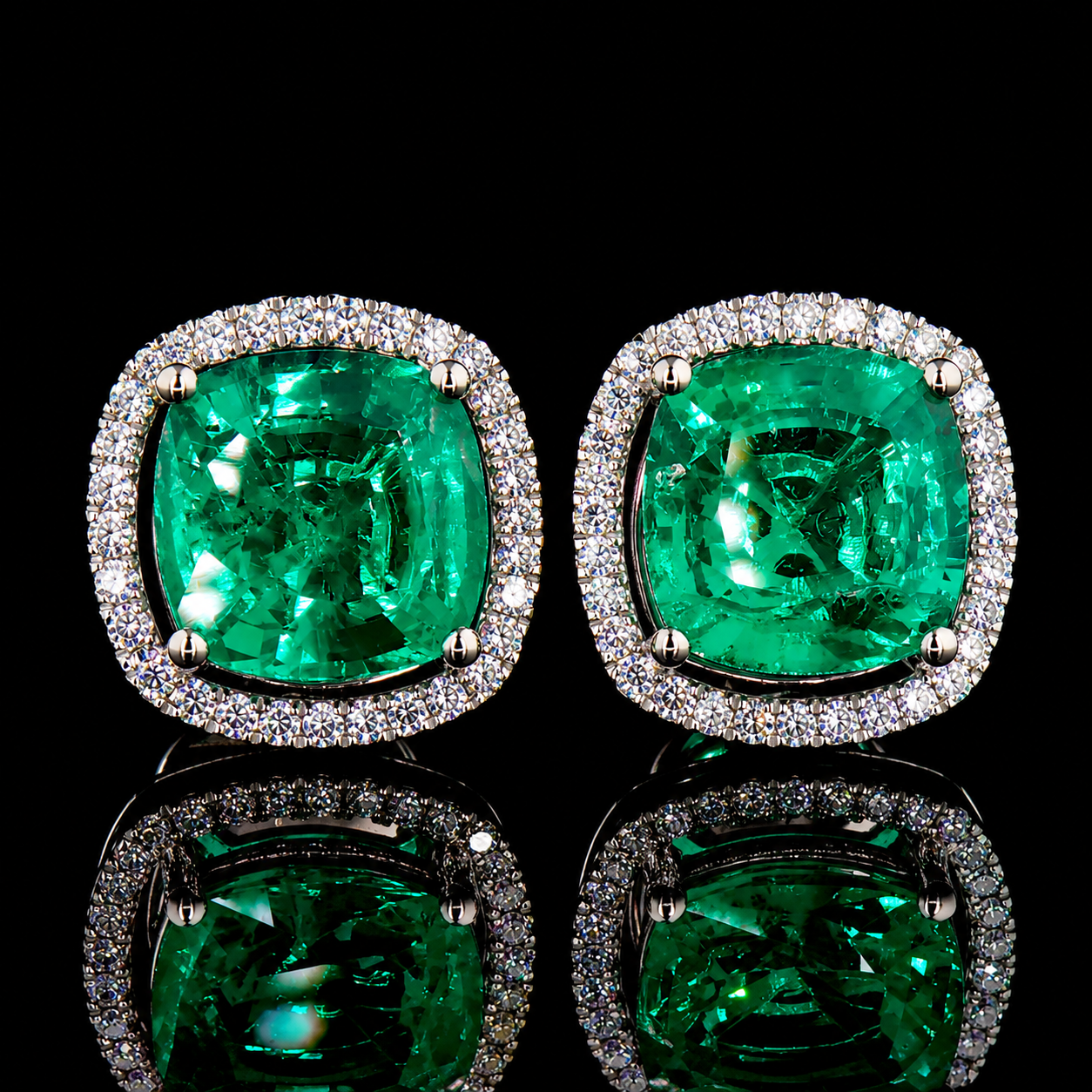 9.00 CT cushion green diamond halo stud earrings with 4 carat green center diamonds and white halo accents