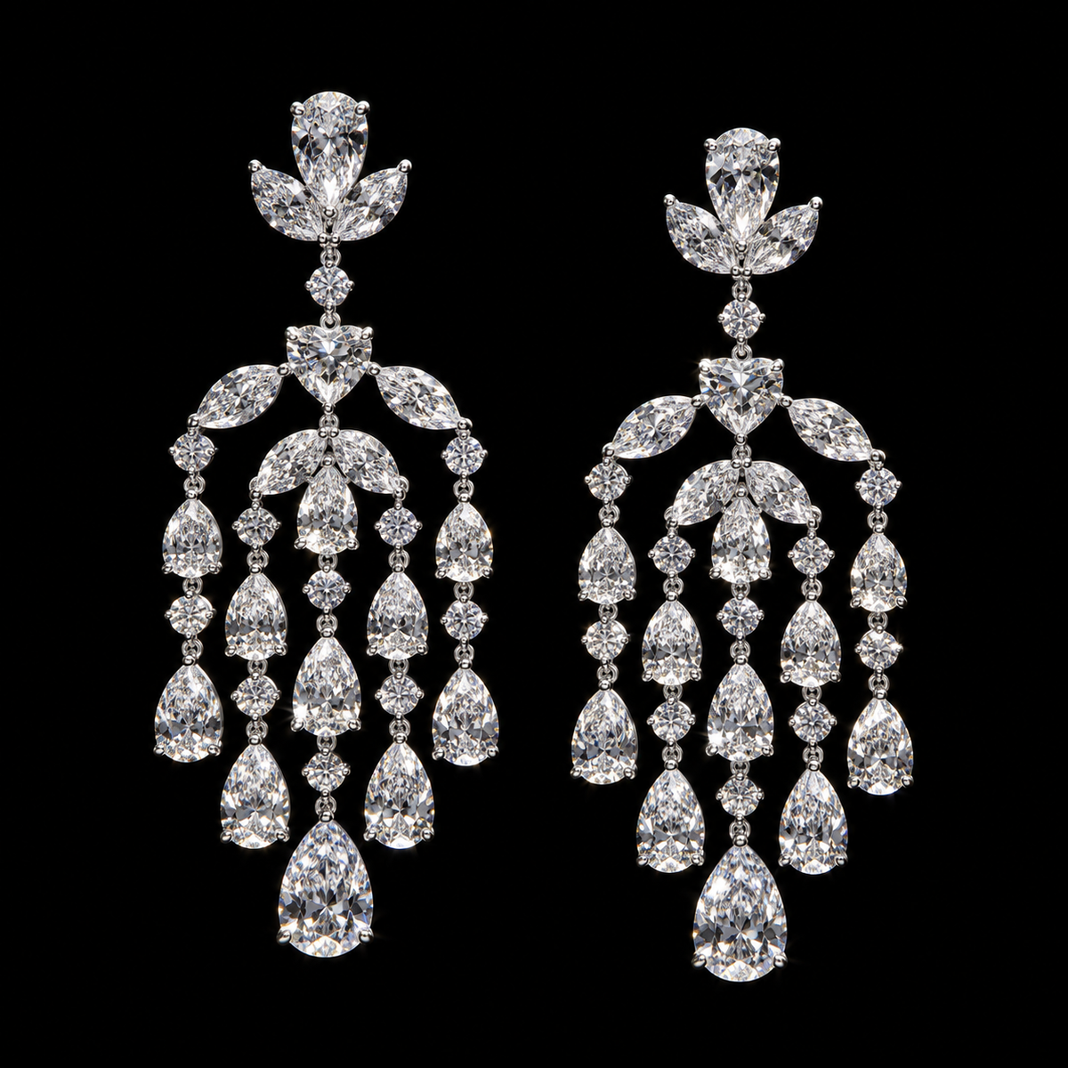 30 CT mixed shape diamond chandelier earrings with pear round marquise and heart diamonds by Dan Mor Diamonds