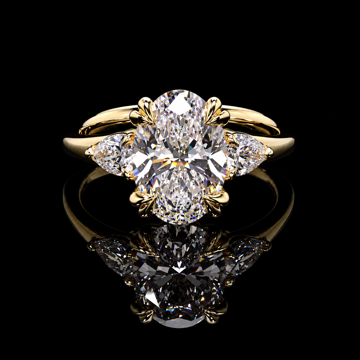 2.96 CT oval and pear three-stone diamond engagement ring with 2.52 CT oval center by Dan Mor Diamonds