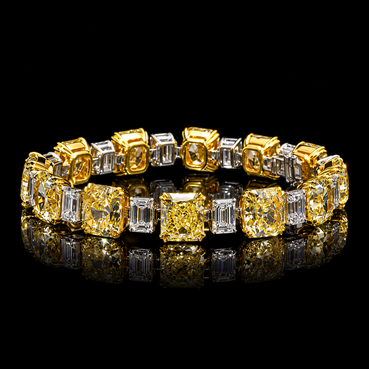 42 CT Fancy Yellow and white Emerald-Cut diamond tennis bracelet featuring 33.50 CT yellow diamonds and 8.50 CT white diamonds
