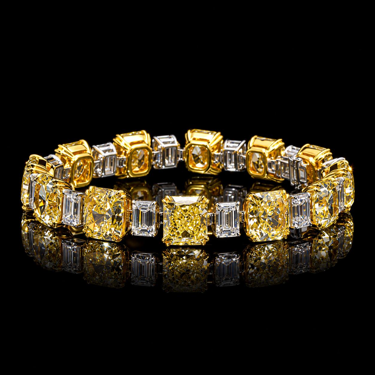 42 CT Fancy Yellow and white Emerald-Cut diamond tennis bracelet featuring 33.50 CT yellow diamonds and 8.50 CT white diamonds