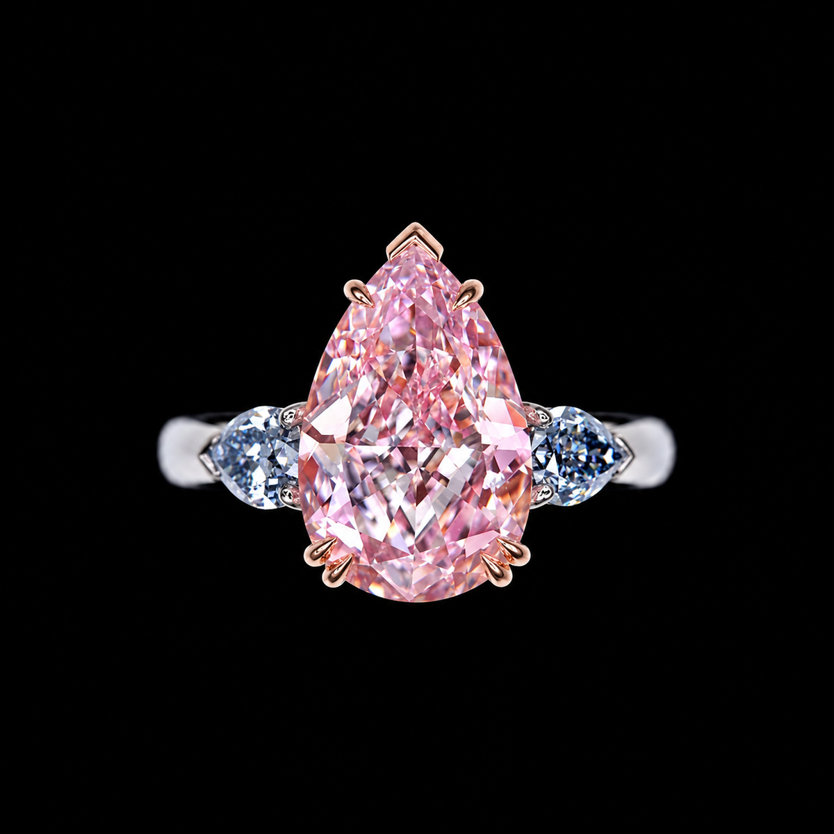 4.37 CT pink pear three-stone diamond ring with 3.77 CT pear center and pear-shaped side diamonds by Dan Mor Diamonds