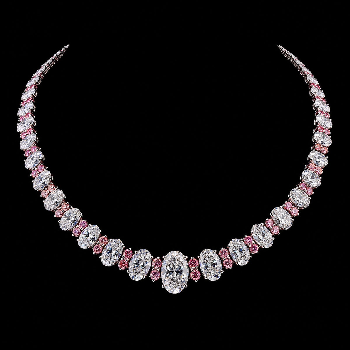 37 CT oval white diamond and fancy vivid pink round diamond necklace