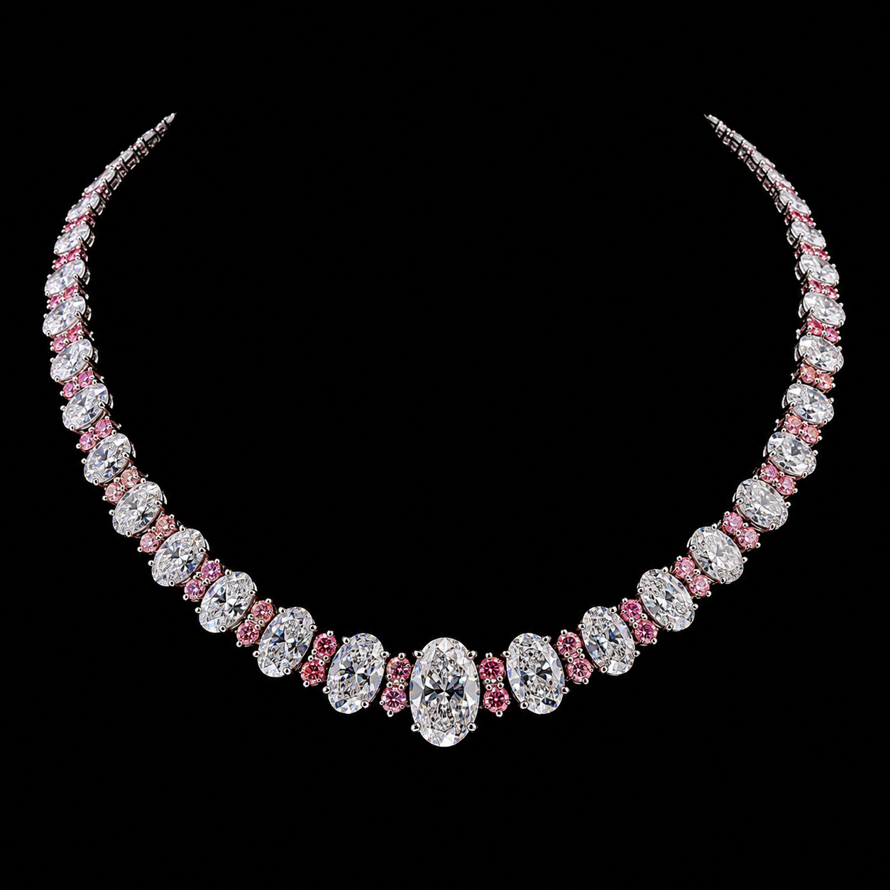 37 CT oval white diamond and fancy vivid pink round diamond necklace