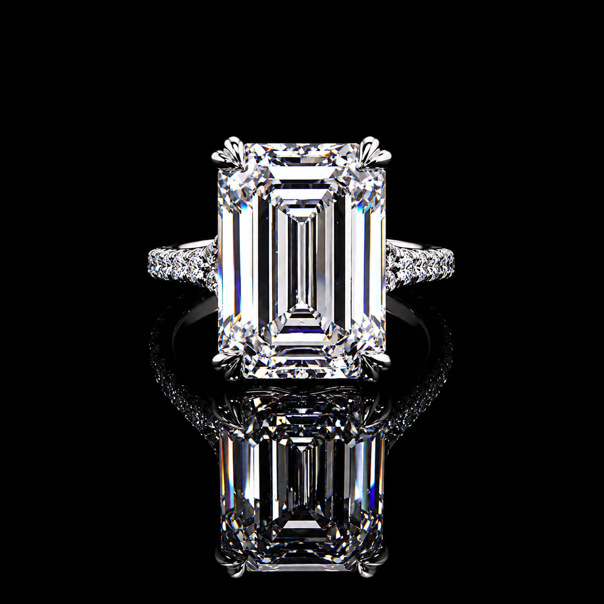 Approx. 16 CT emerald cut lab-grown diamond ring with approx. 15 CT center and round pavé band by Dan Mor Diamonds