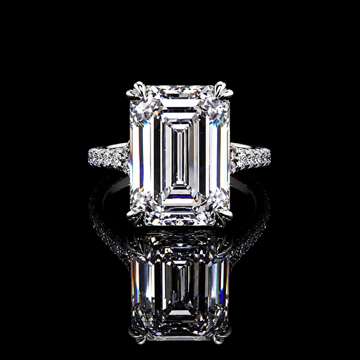 Approx. 16 CT emerald cut lab-grown diamond ring with approx. 15 CT center and round pavé band by Dan Mor Diamonds