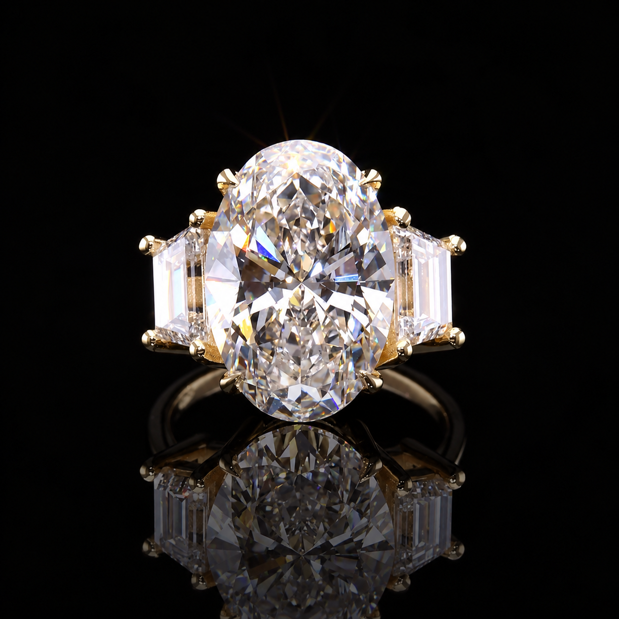 Oval Diamond Three-Stone Ring with Trapezoid Sides Dan Mor Diamonds