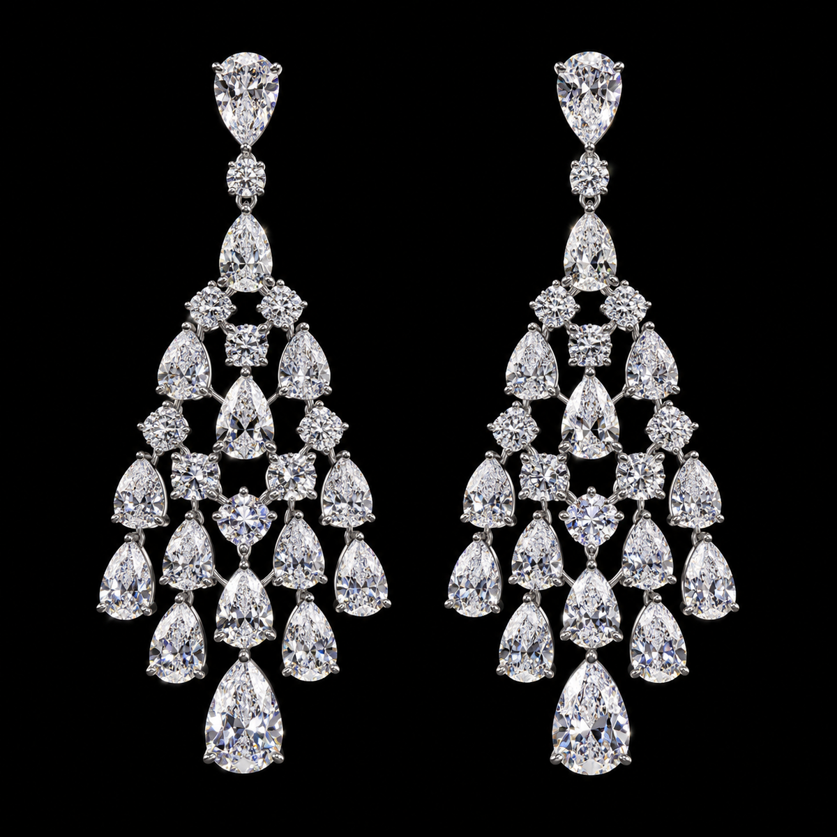 12.97 CT pear round brilliant and radiant diamond chandelier earrings by Dan Mor Diamonds