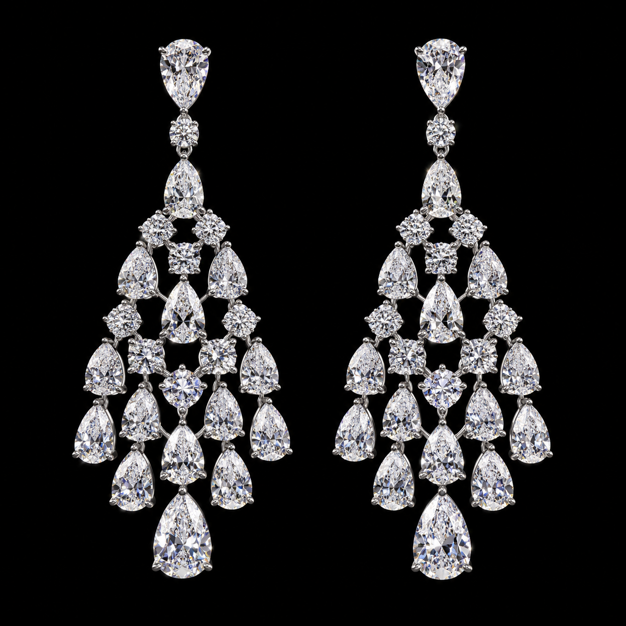 12.97 CT pear round brilliant and radiant diamond chandelier earrings by Dan Mor Diamonds