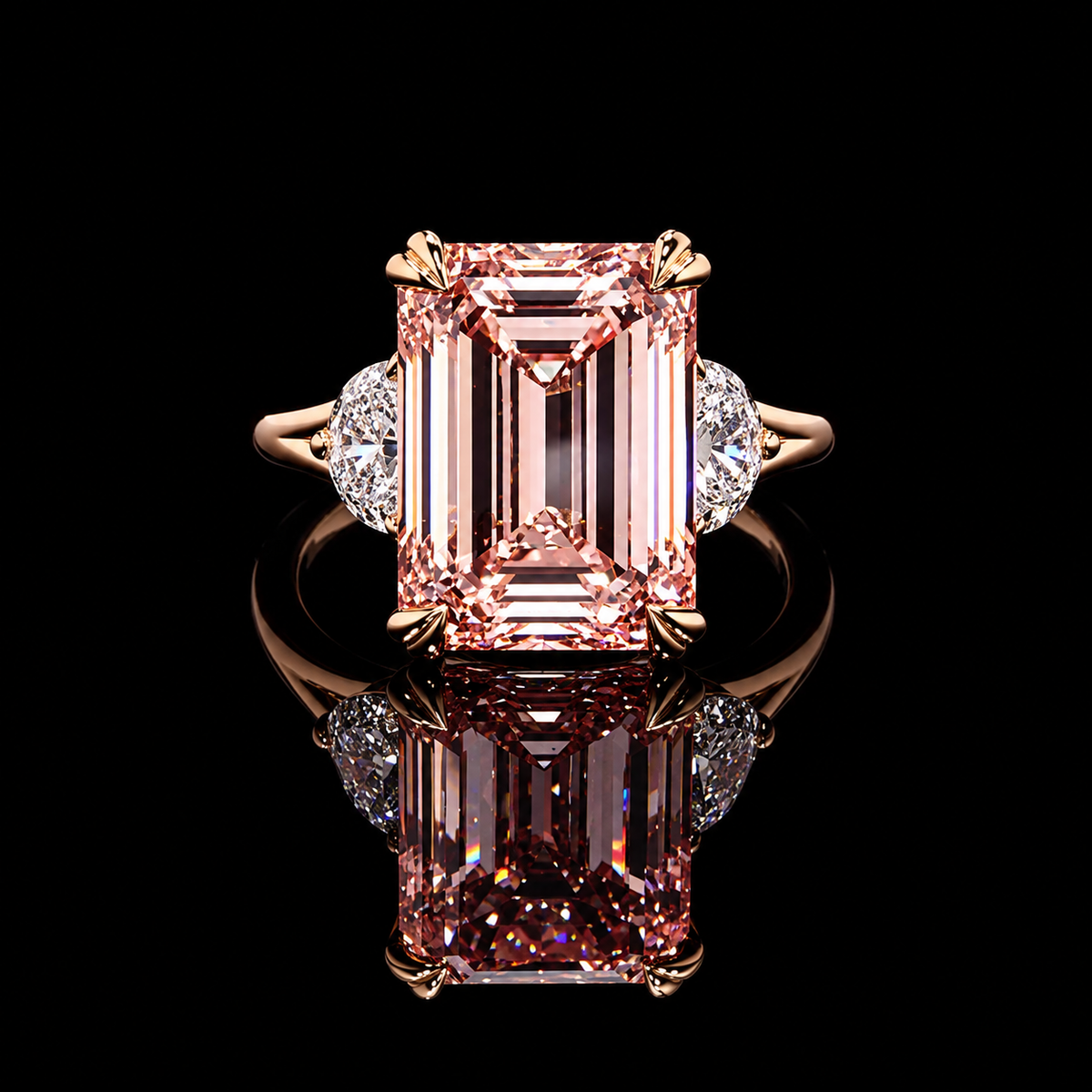 EMERALD CUT PINK DIAMOND THREE STONE RING