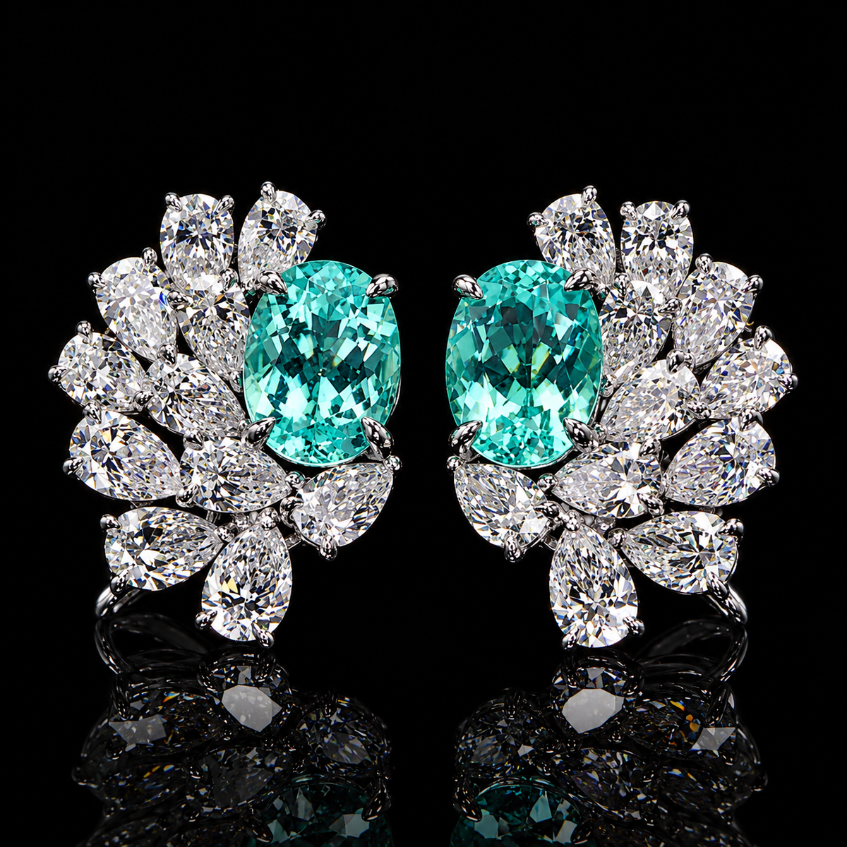 Ocean Crest Aura 9.60 CT Paraiba tourmaline and diamond cluster earrings by Dan Mor Diamonds
