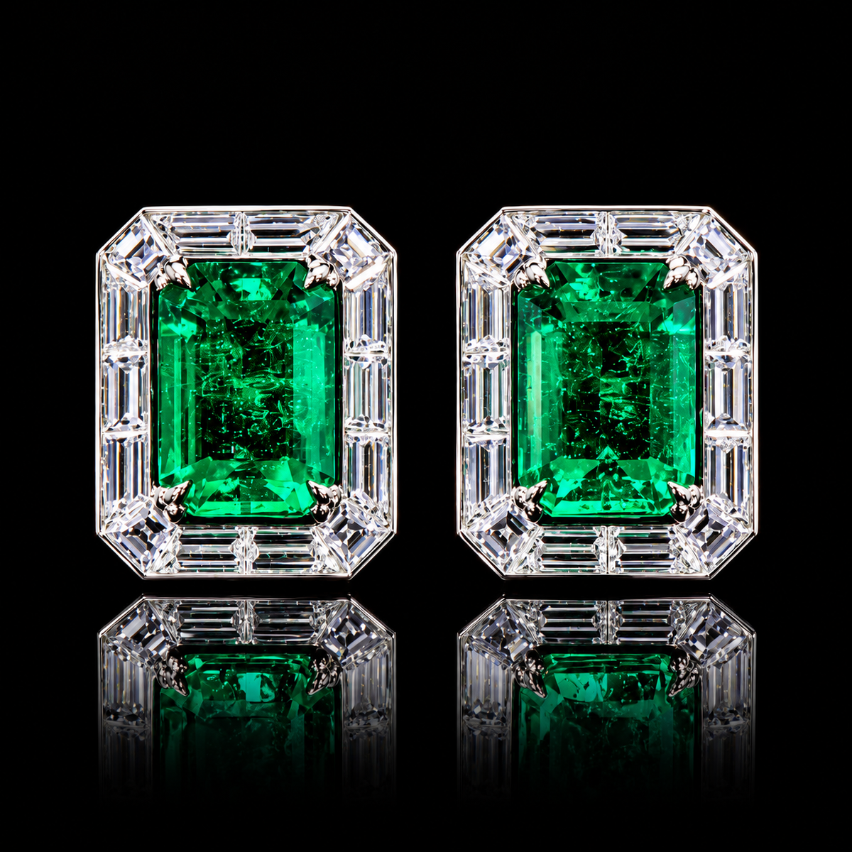 7.70 CT emerald and diamond stud earrings with diamond halo by Dan Mor Diamonds