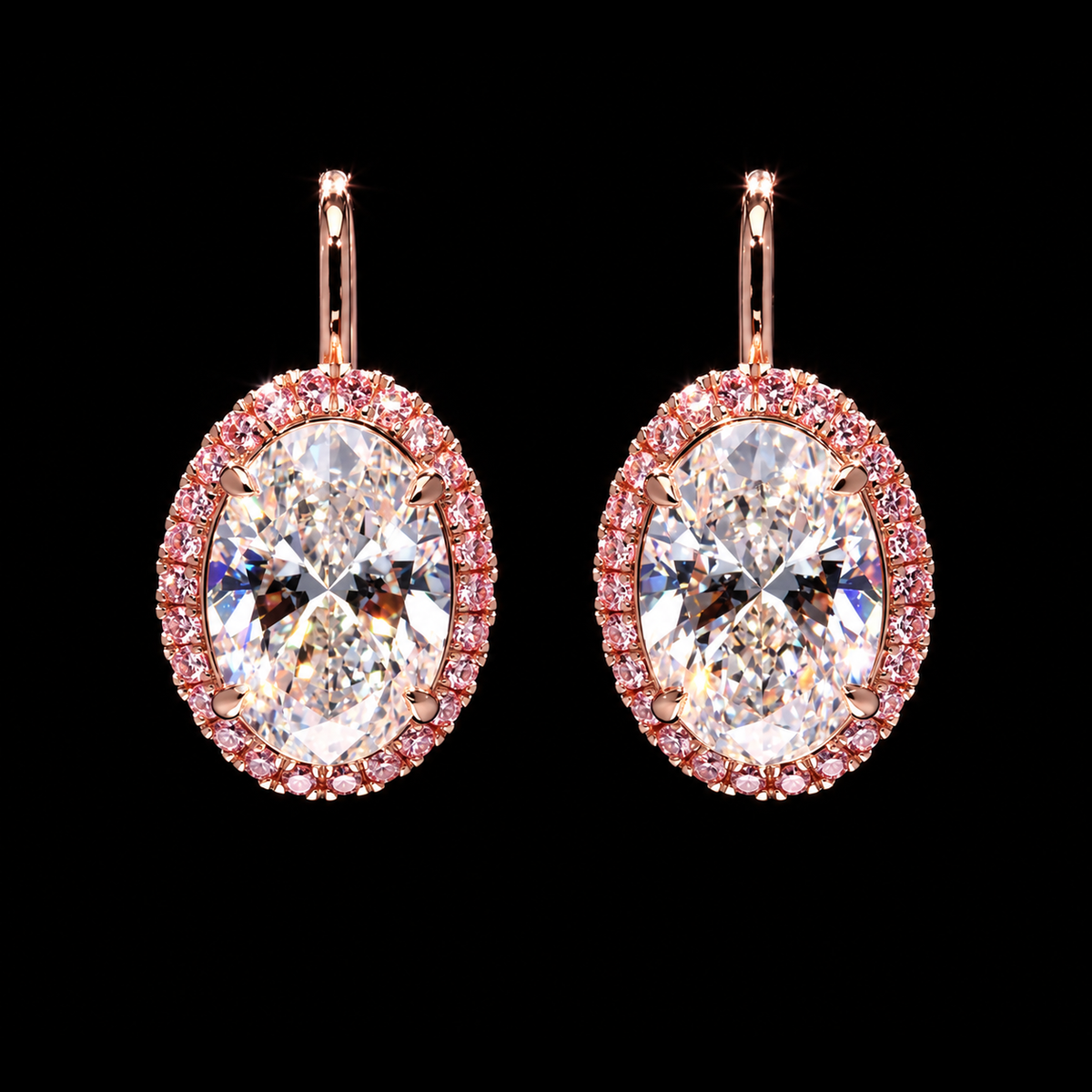 7.20 CT oval diamond drop earrings with 3 CT white oval center diamonds and pink diamond halo accents