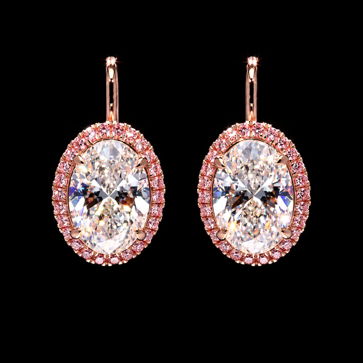 7.20 CT oval diamond drop earrings with 3 CT white oval center diamonds and pink diamond halo accents