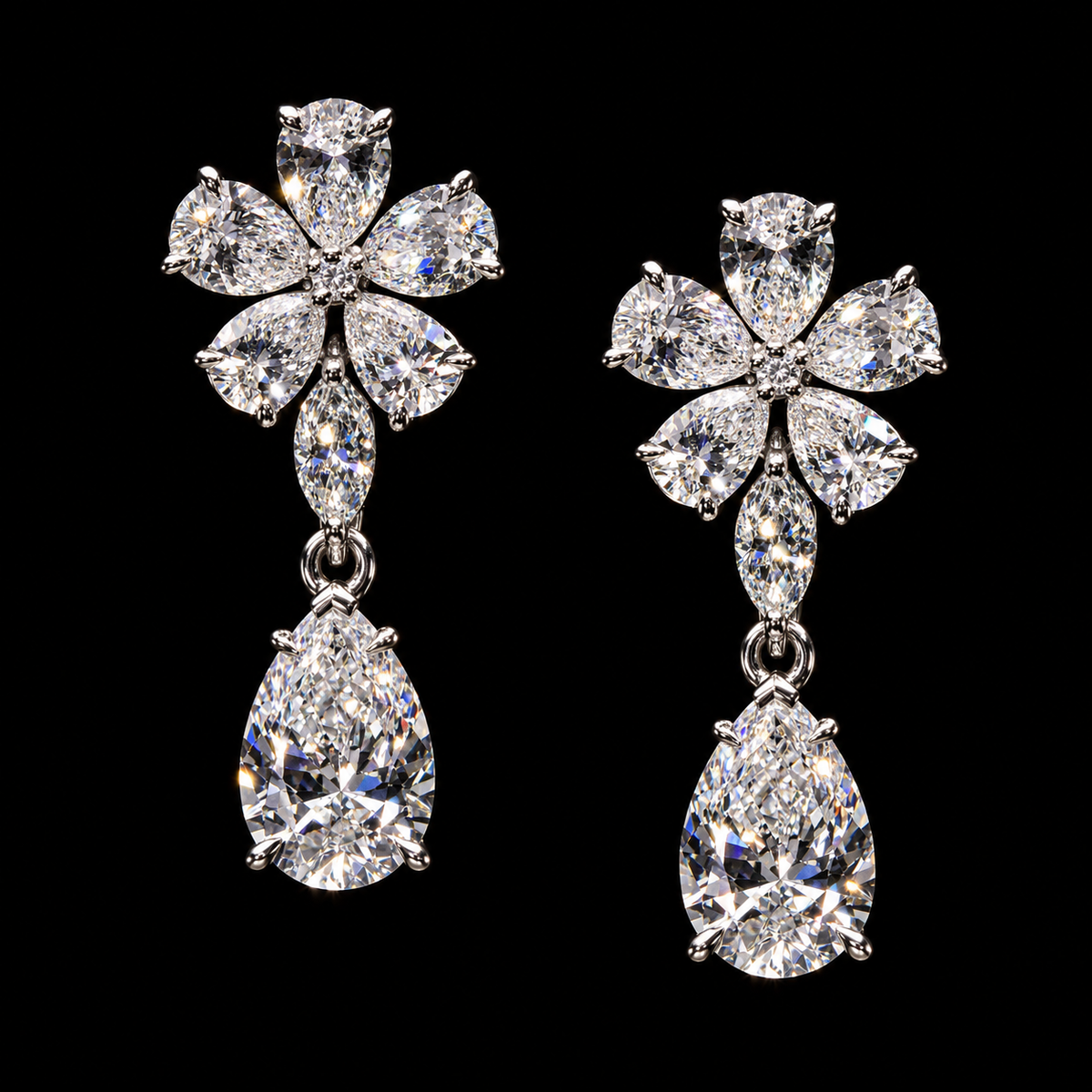 5.96 CT pear shape and marquise floral diamond drop earrings by Dan Mor Diamonds