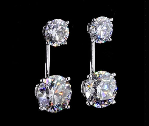 8 CT double round brilliant diamond drop earrings featuring four round diamonds in a linear white-metal setting by Dan Mor Diamonds